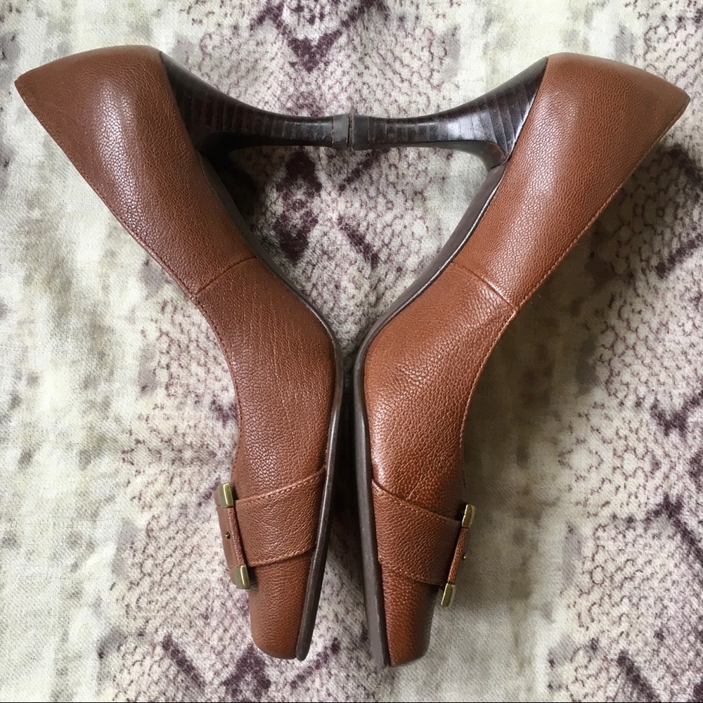 Talbots Brown Leather Heels Gold Buckle Pumps Career Office Shoes